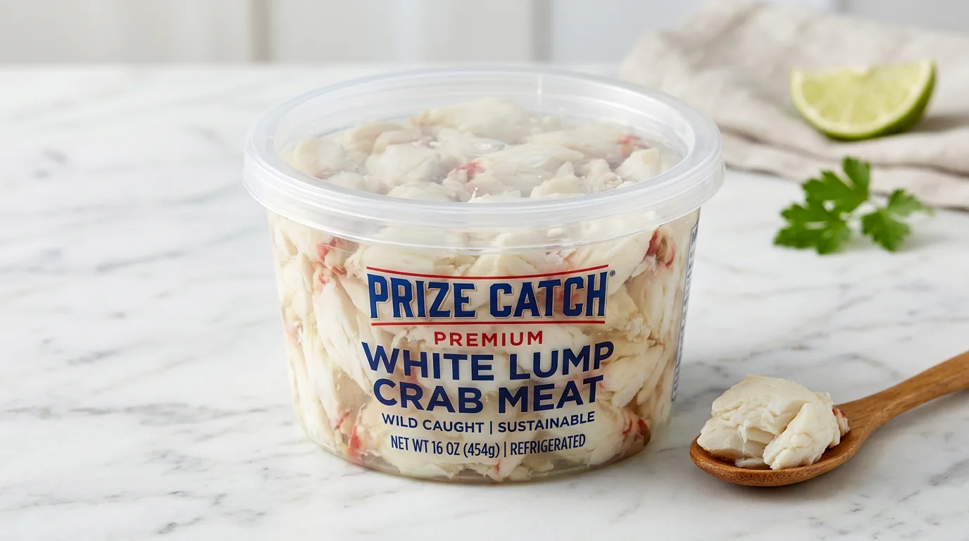 Premium white crab meat in a retail tub