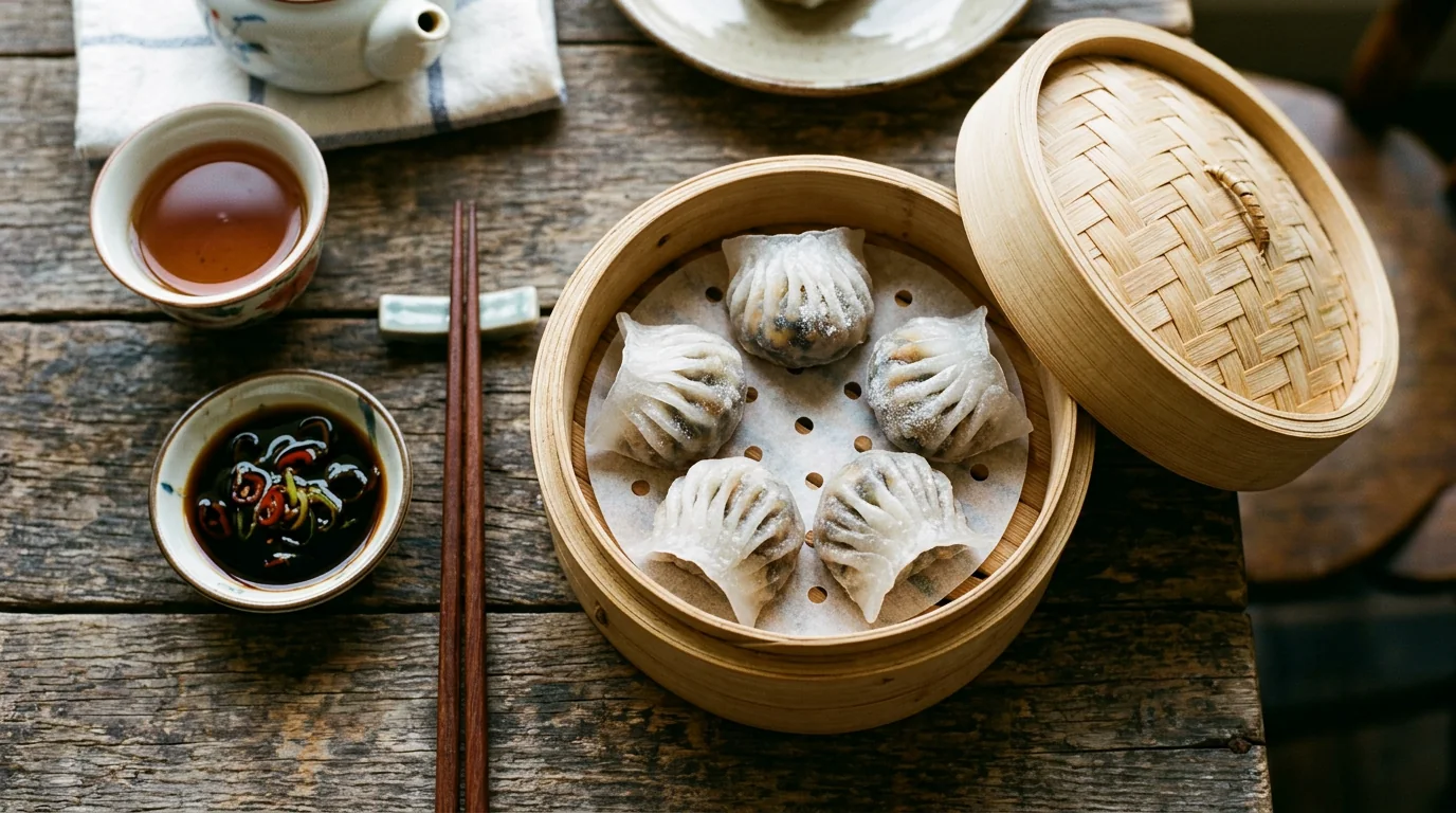 Dim sum presented in a traditional bamboo steamer