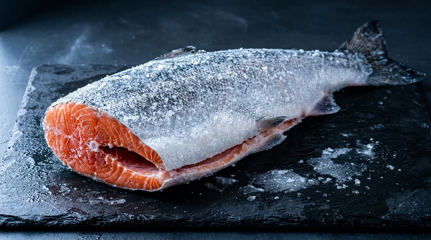Frozen salmon on a chilled preparation surface