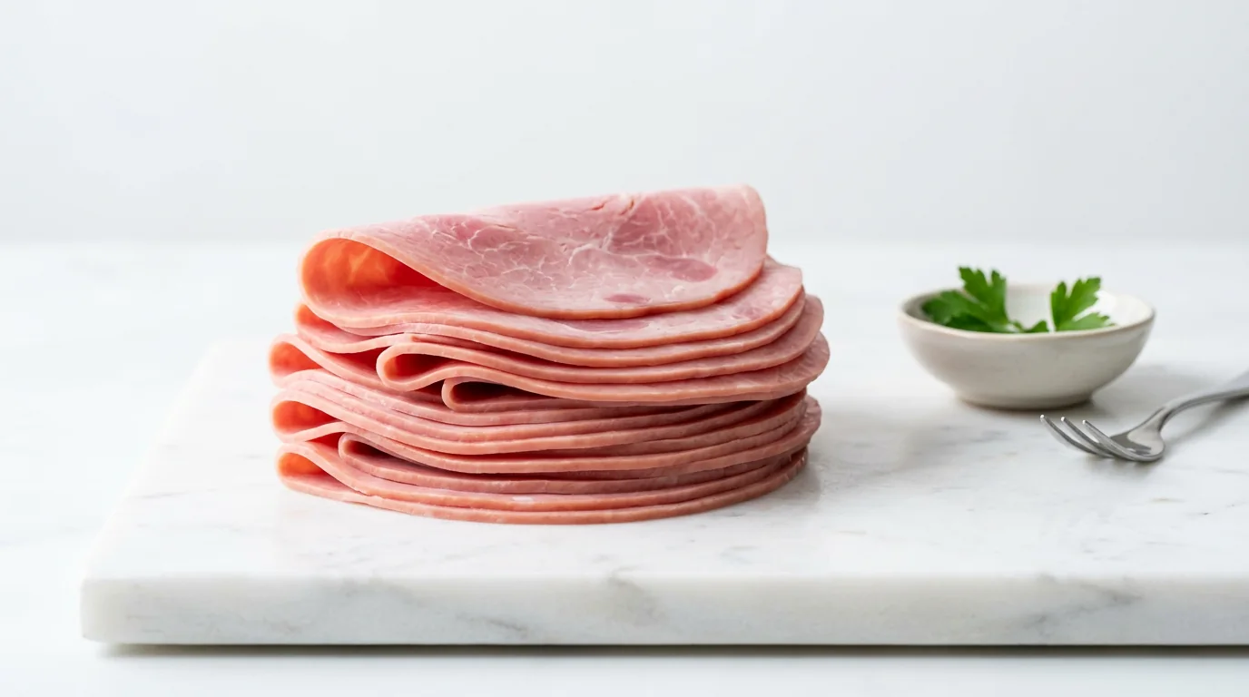 Neatly layered ham slices on a light surface