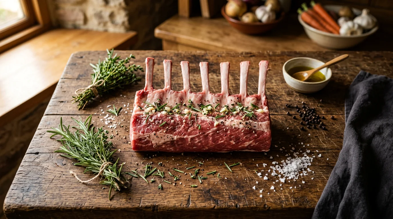 Premium rack of lamb prepared for a professional kitchen