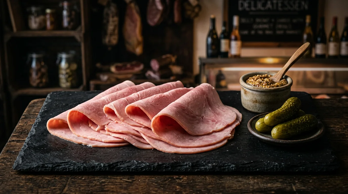 Sliced ham presented on a dark stone board