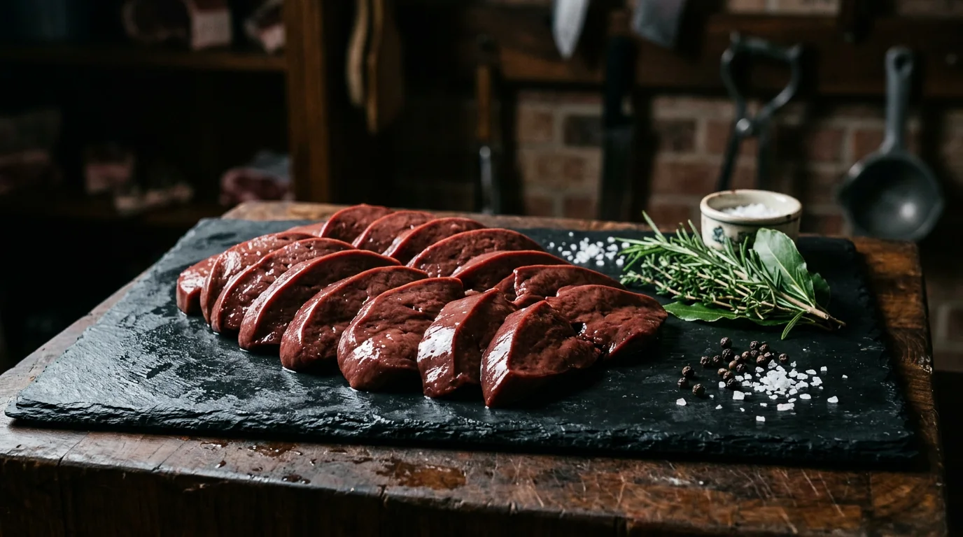 A sliced roast meat selection with herbs