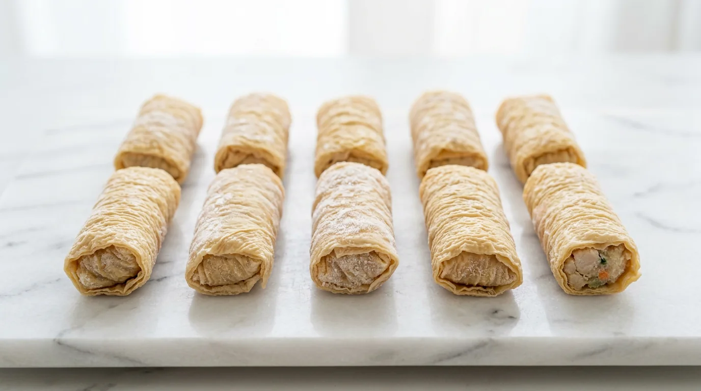 Crisp spring rolls arranged on a light surface
