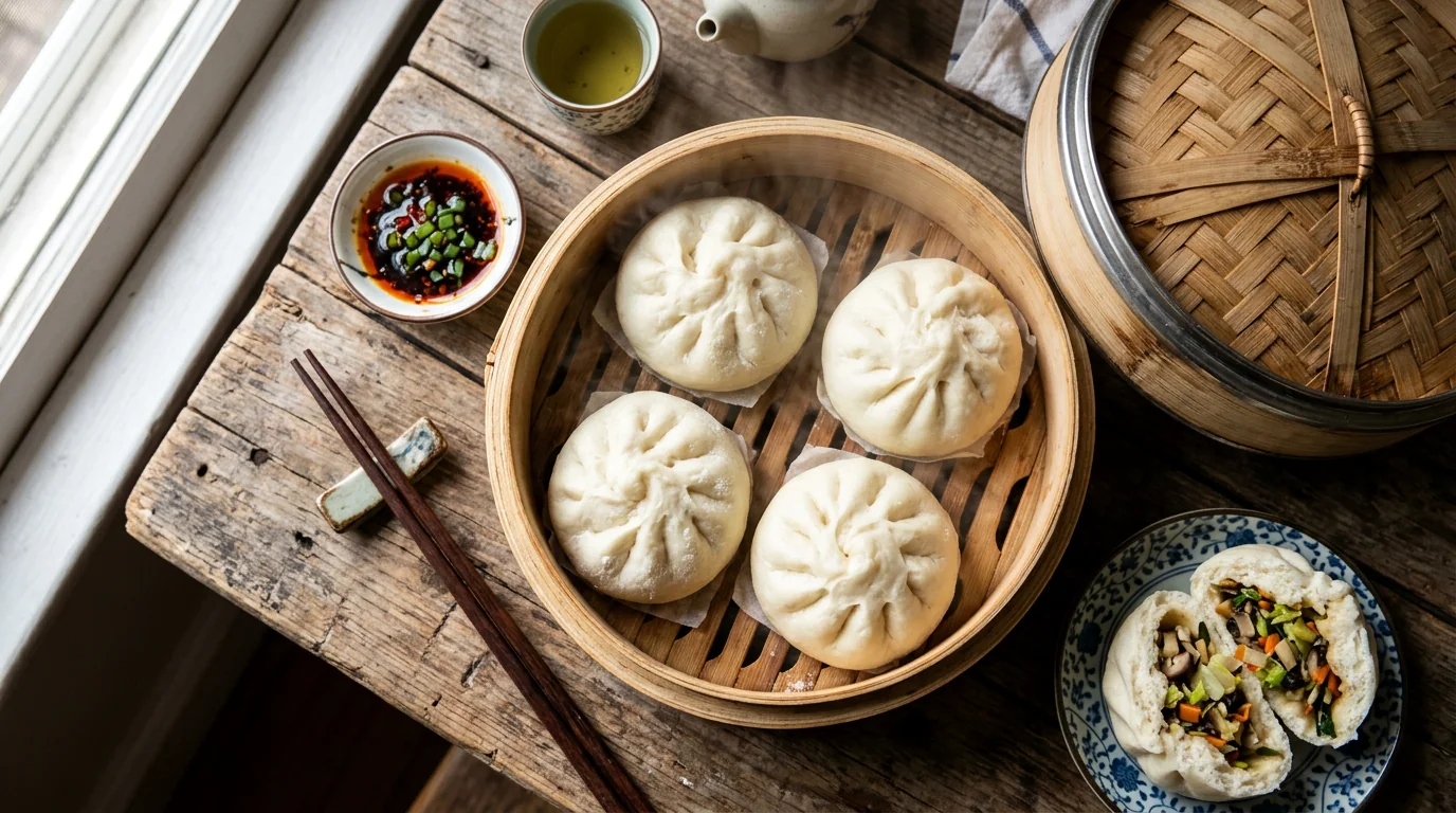 Steamed buns in a bamboo basket