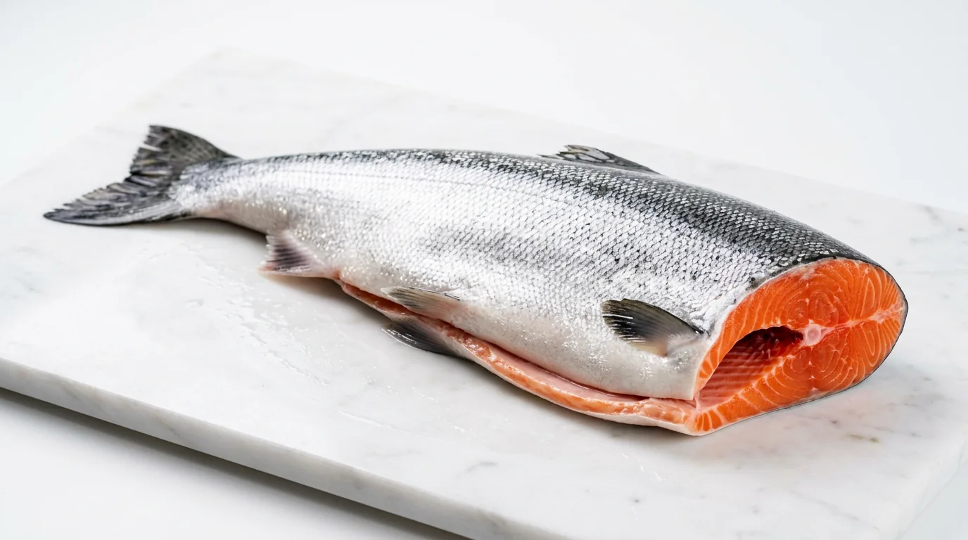 A whole salmon prepared for selection and portioning